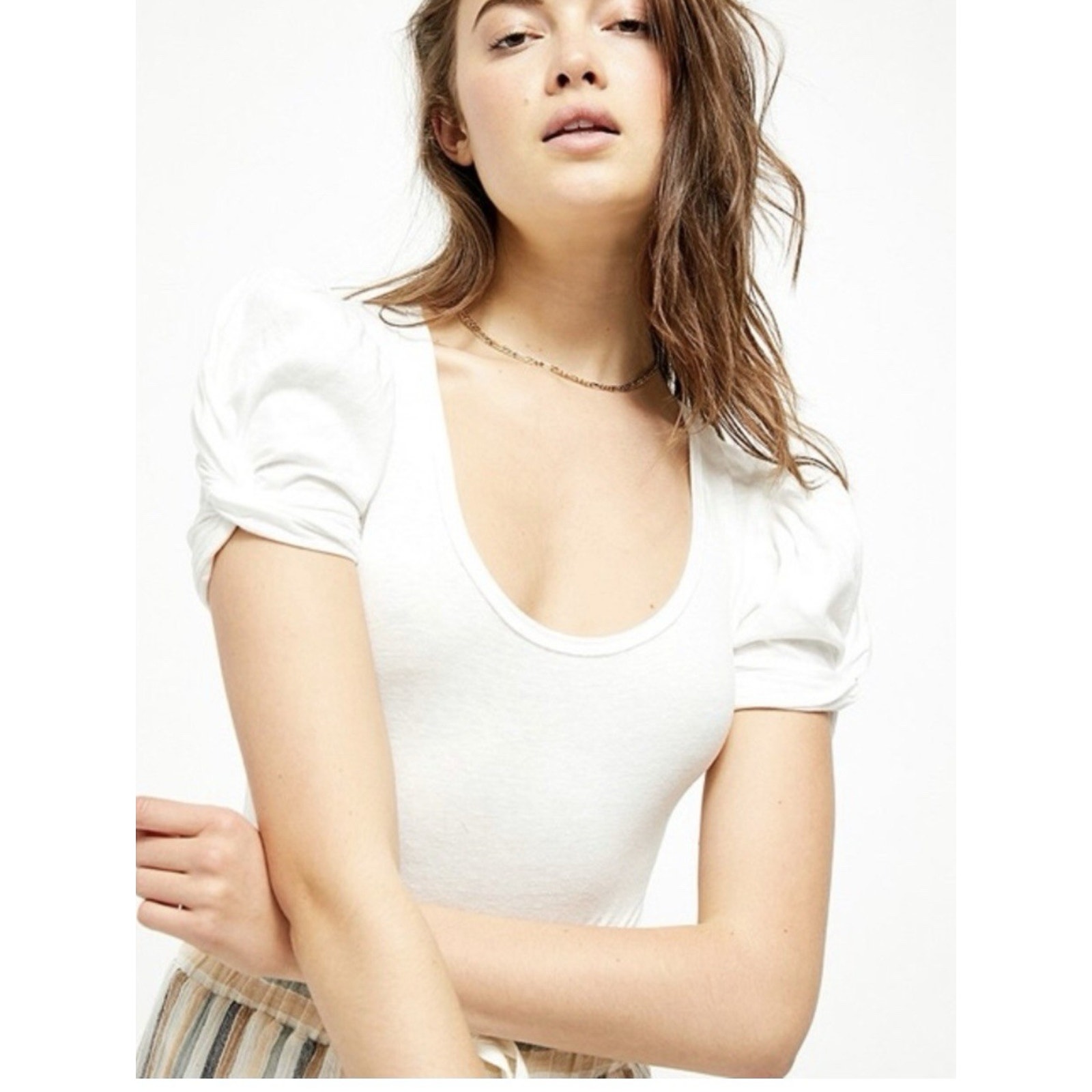 Nwt Free People Intimately Womens Ava Puff Sleeve Bodysuit Xl Cotton White